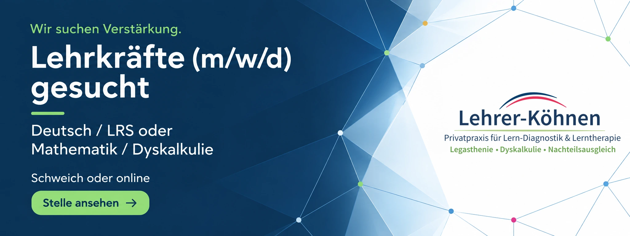 Wir suchen Verstärkung: Lehrkräfte (m/w/d) für Deutsch / LRS oder Mathematik / Dyskalkulie. Schweich oder online. Stelle ansehen.
