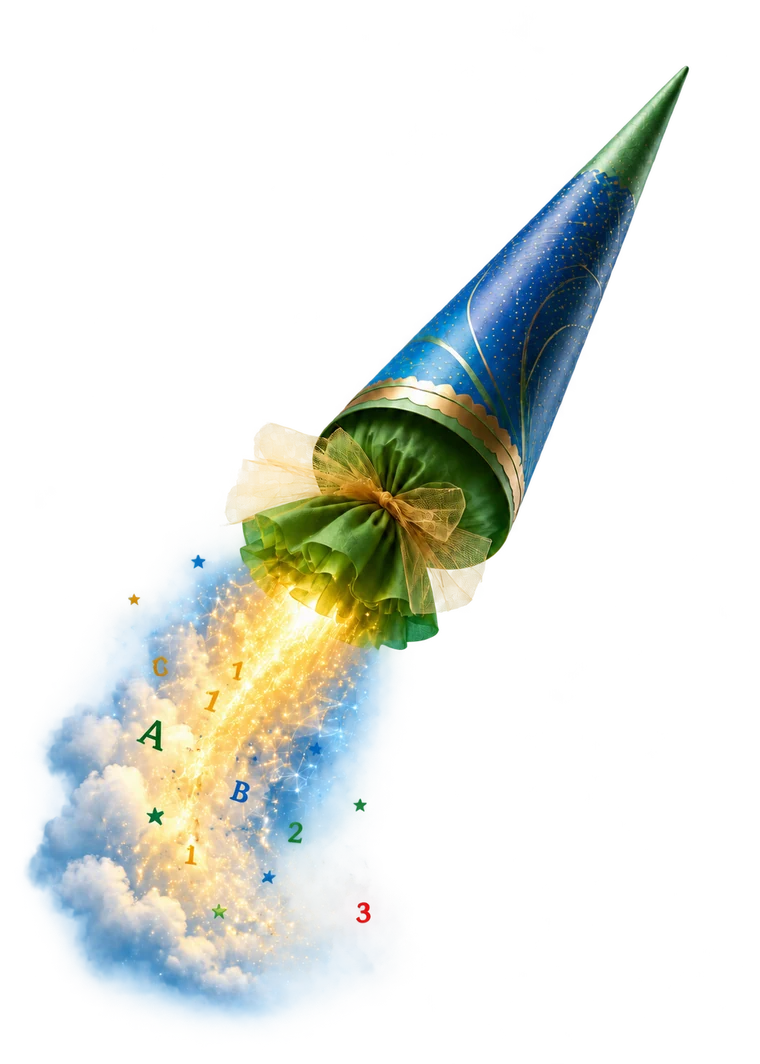 Eine Schultüte startet wie eine Rakete in eine Welt aus Buchstaben, Zahlen und Sternen.